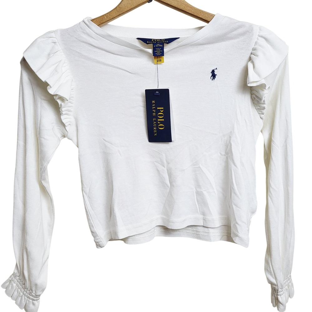 Polo Ralph Lauren White Ruffle Sleeve Cropped Top Kids Size 6X Pony LogoNWT